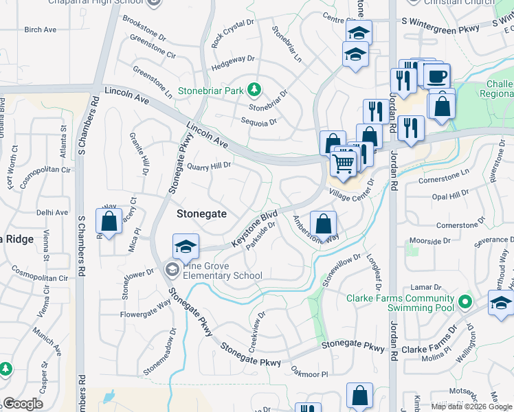 map of restaurants, bars, coffee shops, grocery stores, and more near 16087 Quarry Hill Drive in Parker