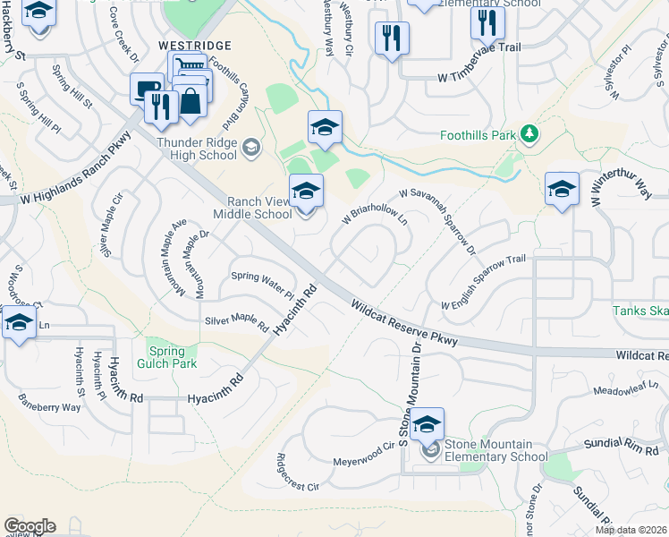 map of restaurants, bars, coffee shops, grocery stores, and more near 10265 South Spotted Owl Court in Highlands Ranch