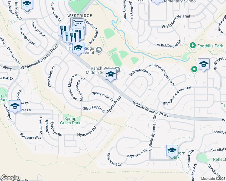 map of restaurants, bars, coffee shops, grocery stores, and more near 1687 Spring Water Lane in Littleton