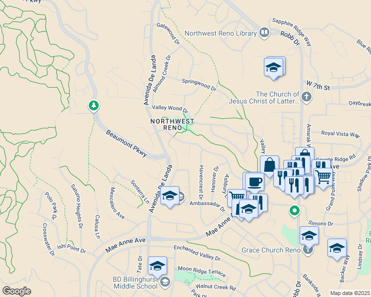 map of restaurants, bars, coffee shops, grocery stores, and more near 1799 Albright Court in Reno
