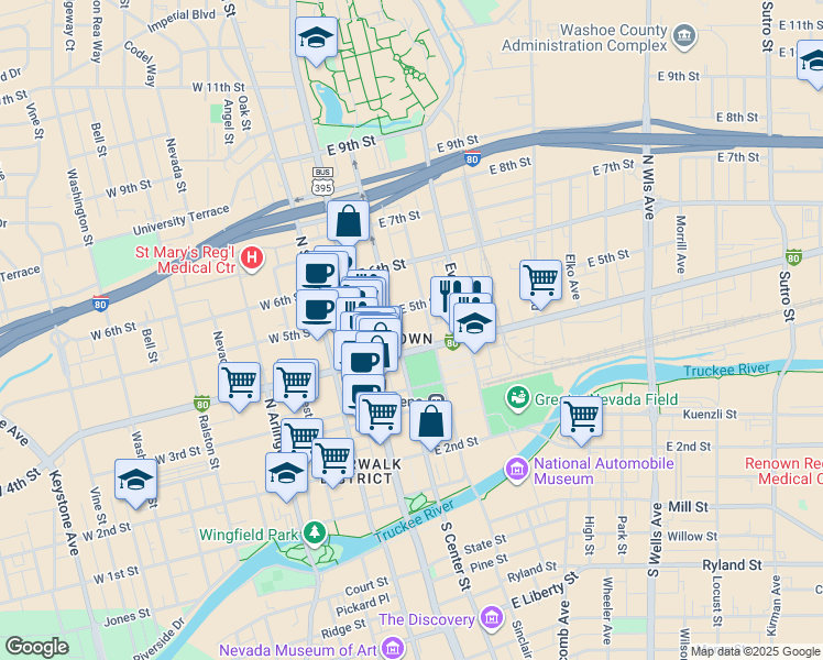map of restaurants, bars, coffee shops, grocery stores, and more near 400 North Center Street in Reno