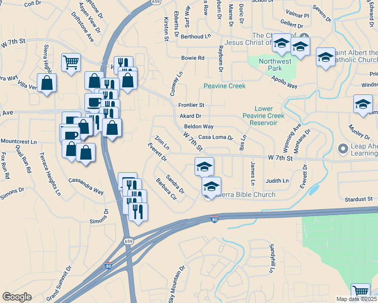 map of restaurants, bars, coffee shops, grocery stores, and more near 3465 Downey Avenue in Reno