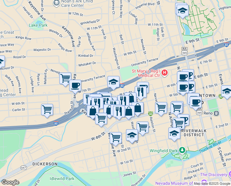 map of restaurants, bars, coffee shops, grocery stores, and more near 785 West 6th Street in Reno