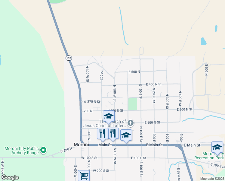 map of restaurants, bars, coffee shops, grocery stores, and more near 359 North 100 West Street in Moroni