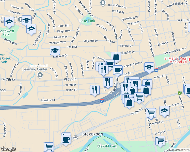map of restaurants, bars, coffee shops, grocery stores, and more near 1445 West 7th Street in Reno