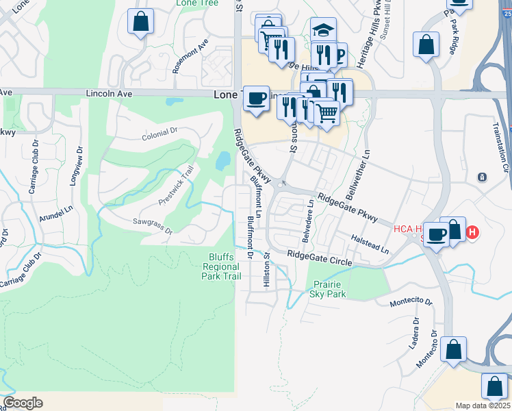 map of restaurants, bars, coffee shops, grocery stores, and more near 10137 Bluffmont Lane in Lone Tree