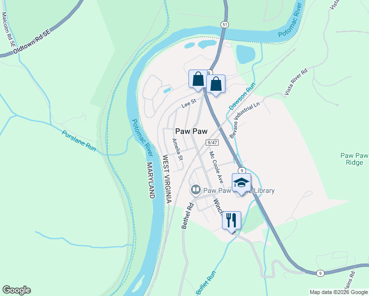 map of restaurants, bars, coffee shops, grocery stores, and more near 50 Wilson Street in Paw Paw