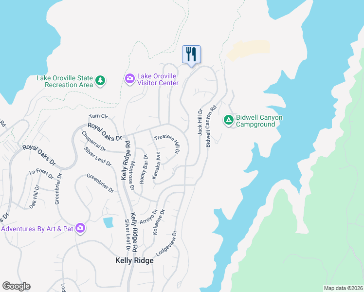 map of restaurants, bars, coffee shops, grocery stores, and more near 5348 Treasure Hill Drive in Oroville