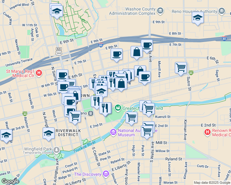 map of restaurants, bars, coffee shops, grocery stores, and more near 432 Nevada 647 in Reno