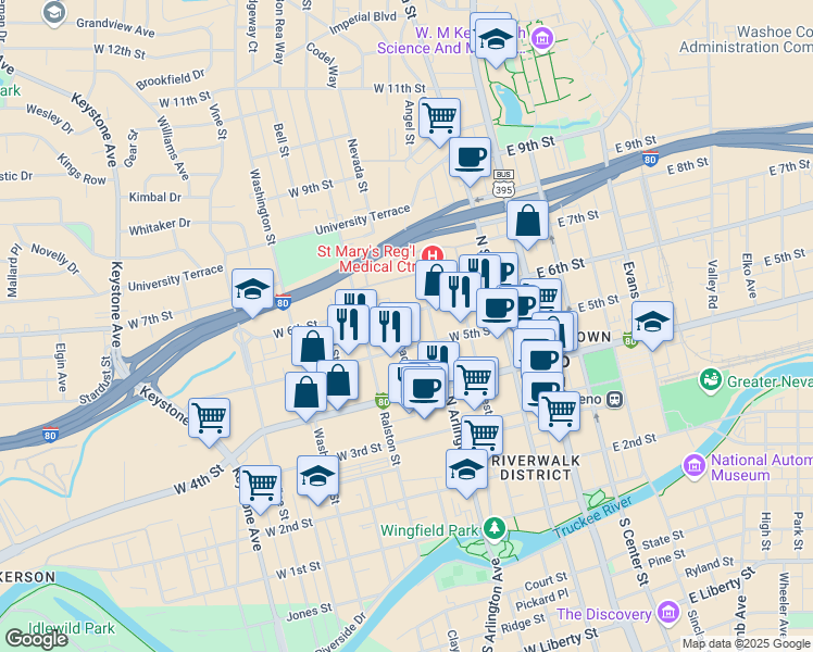 map of restaurants, bars, coffee shops, grocery stores, and more near 350 West 6th Street in Reno
