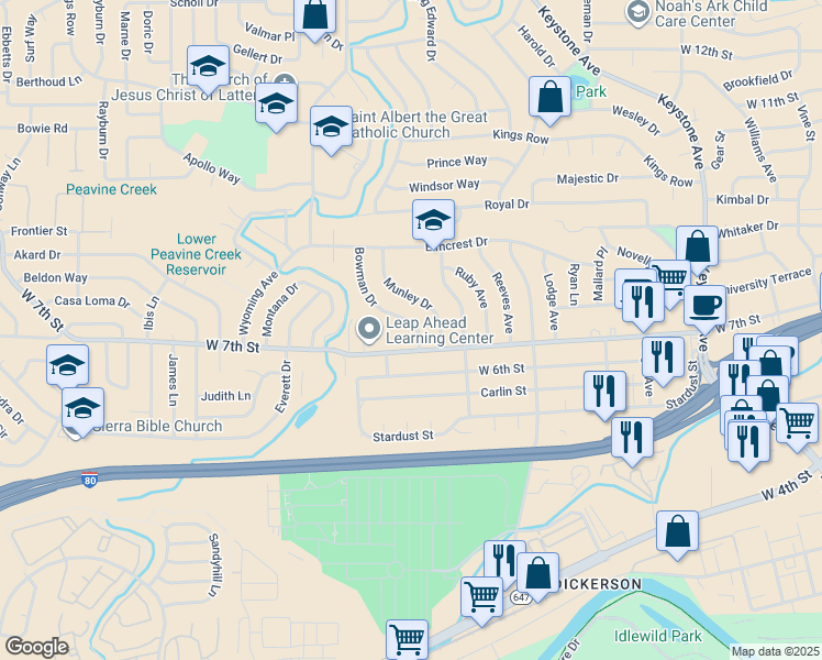 map of restaurants, bars, coffee shops, grocery stores, and more near 765 Bowman Drive in Reno