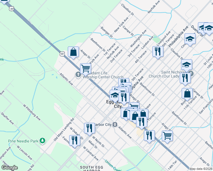 map of restaurants, bars, coffee shops, grocery stores, and more near 131 London Avenue in Egg Harbor City