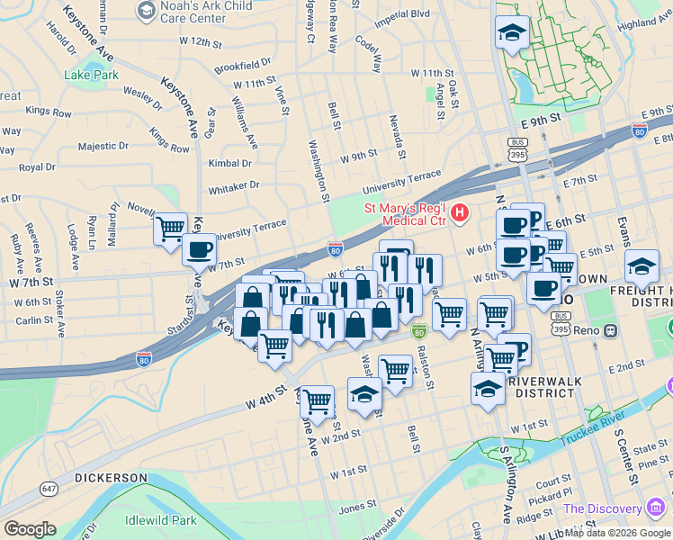 map of restaurants, bars, coffee shops, grocery stores, and more near 705 West 6th Street in Reno