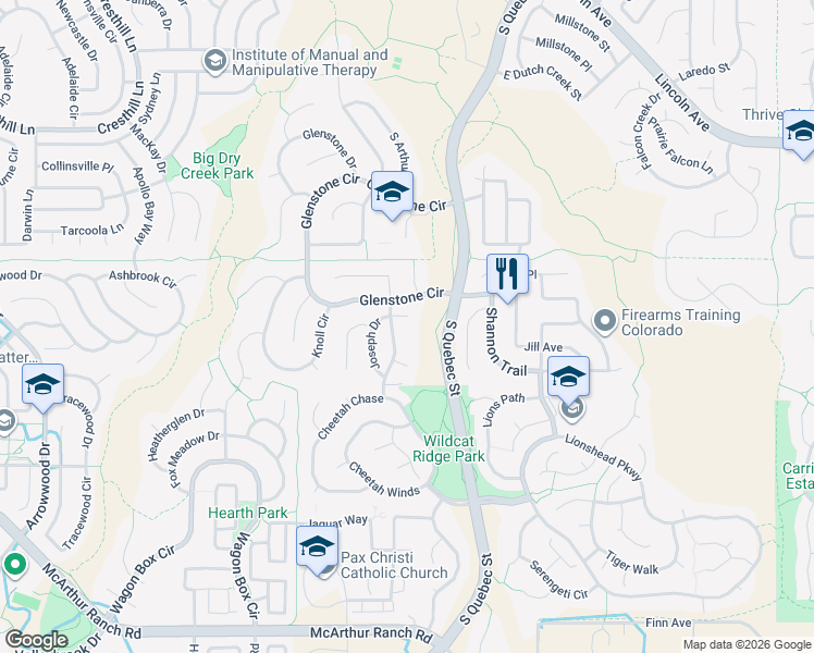 map of restaurants, bars, coffee shops, grocery stores, and more near 10156 Joseph Drive in Littleton