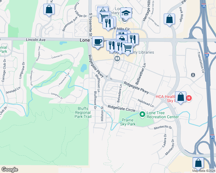 map of restaurants, bars, coffee shops, grocery stores, and more near 9217 Mornington Way in Lone Tree