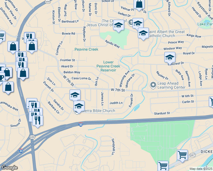 map of restaurants, bars, coffee shops, grocery stores, and more near 745 Beldon Way in Reno