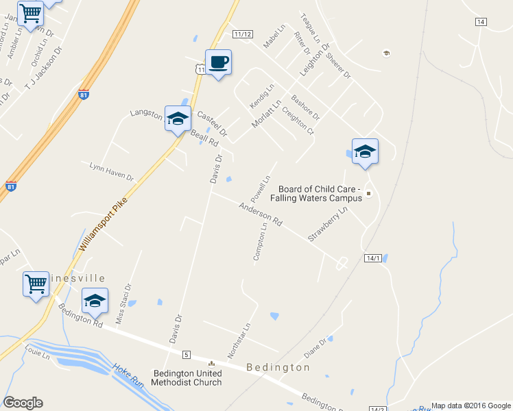 map of restaurants, bars, coffee shops, grocery stores, and more near 28 Powell Lane in Martinsburg