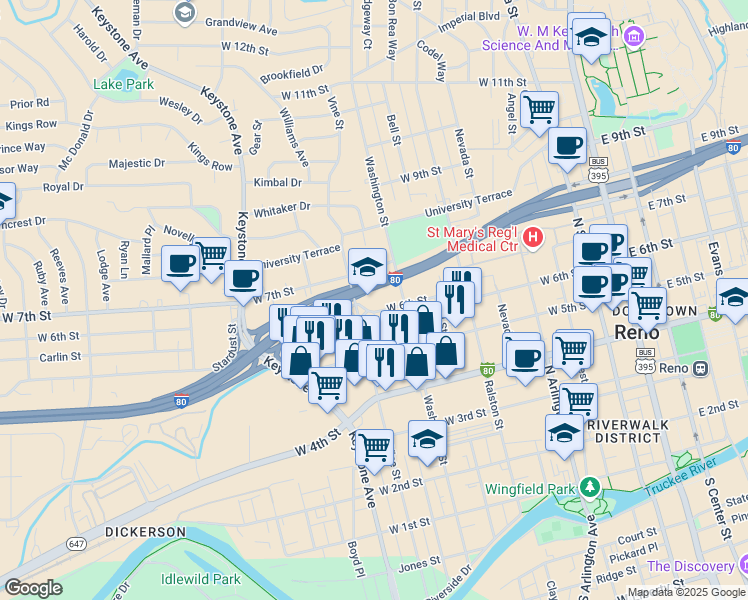 map of restaurants, bars, coffee shops, grocery stores, and more near 785 West 6th Street in Reno