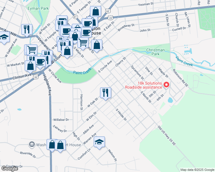 map of restaurants, bars, coffee shops, grocery stores, and more near 623 South Main Street in Washington Court House