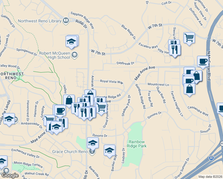 map of restaurants, bars, coffee shops, grocery stores, and more near 5870 Shadow Park Dr in Reno