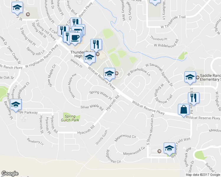 map of restaurants, bars, coffee shops, grocery stores, and more near 1687 West Spring Water Lane in Littleton