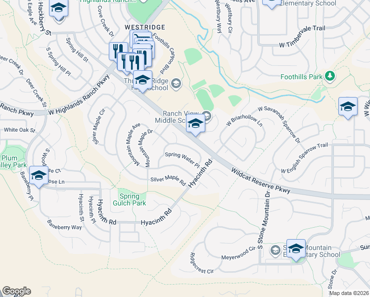 map of restaurants, bars, coffee shops, grocery stores, and more near 1760 Spring Water Lane in Littleton