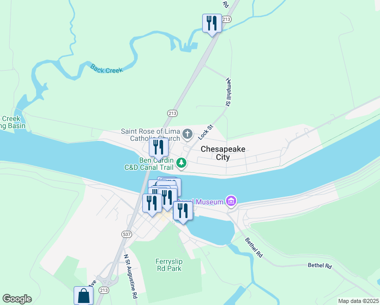 map of restaurants, bars, coffee shops, grocery stores, and more near 214 Lock Street in Chesapeake City