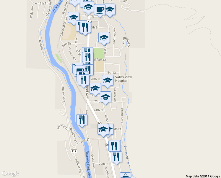 map of restaurants, bars, coffee shops, grocery stores, and more near 2102 Blake Avenue in Glenwood Springs