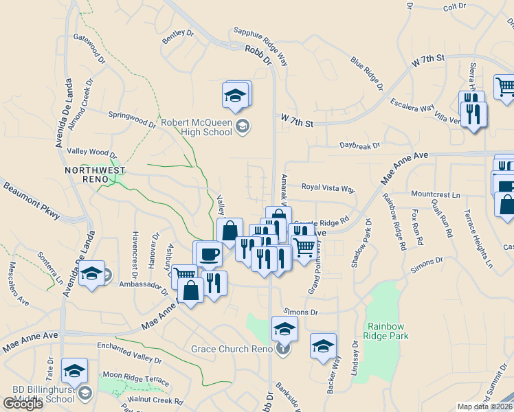 map of restaurants, bars, coffee shops, grocery stores, and more near 6024 Conness Way in Reno