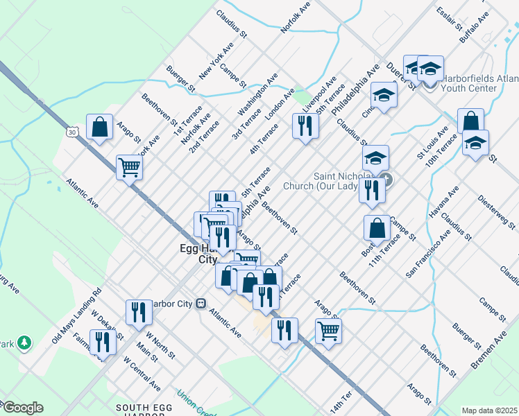 map of restaurants, bars, coffee shops, grocery stores, and more near 250 Philadelphia Avenue in Egg Harbor City