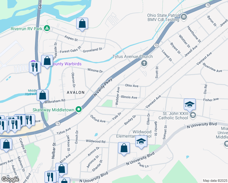 map of restaurants, bars, coffee shops, grocery stores, and more near 3018 Tytus Avenue in Middletown
