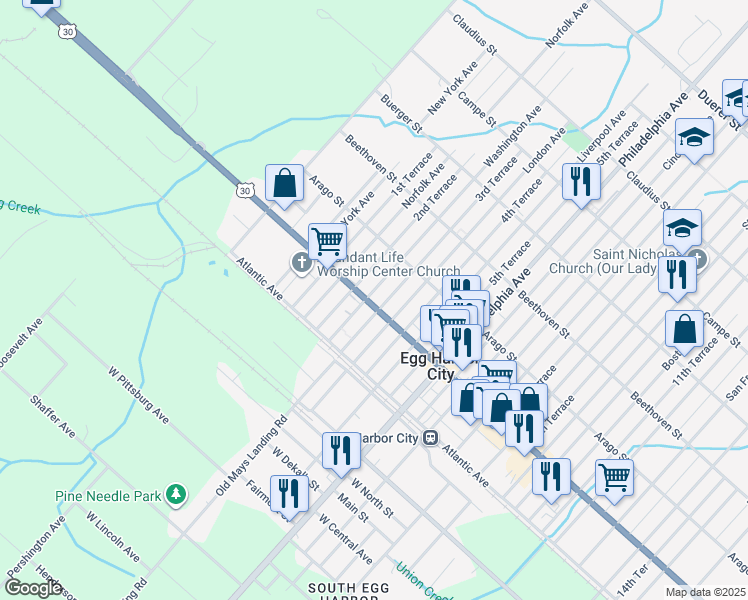 map of restaurants, bars, coffee shops, grocery stores, and more near 100 Washington Avenue in Egg Harbor City