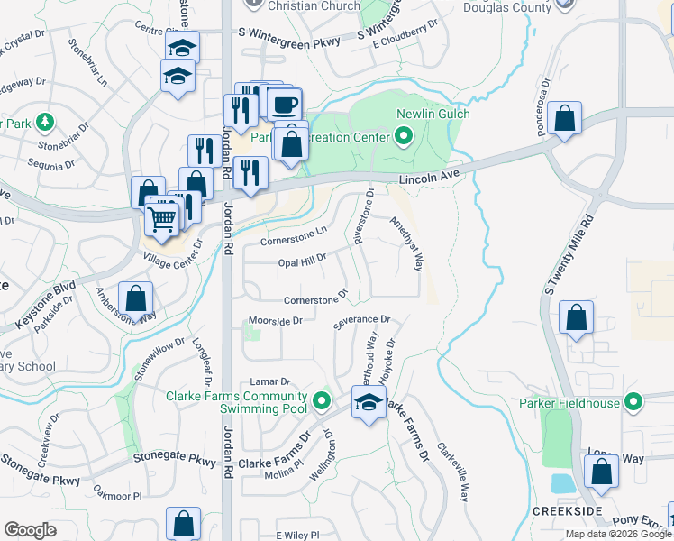 map of restaurants, bars, coffee shops, grocery stores, and more near 17351 Cornerstone Drive in Parker
