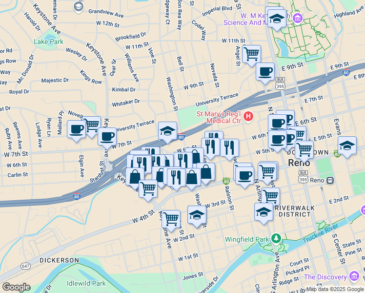 map of restaurants, bars, coffee shops, grocery stores, and more near 705 West 6th Street in Reno