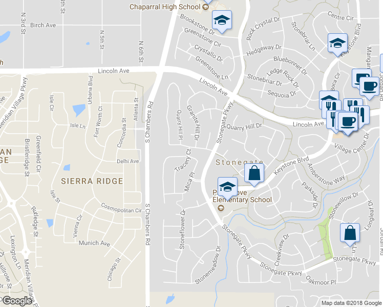 map of restaurants, bars, coffee shops, grocery stores, and more near 10208 Mica Way in Parker