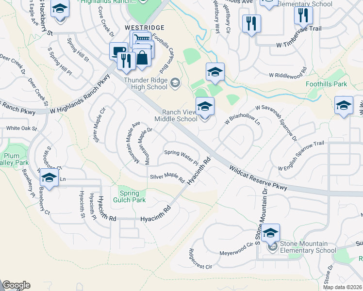 map of restaurants, bars, coffee shops, grocery stores, and more near 1760 Spring Water Lane in Littleton