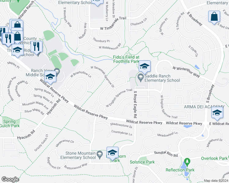 map of restaurants, bars, coffee shops, grocery stores, and more near 10106 South Savannah Sparrow Way in Littleton