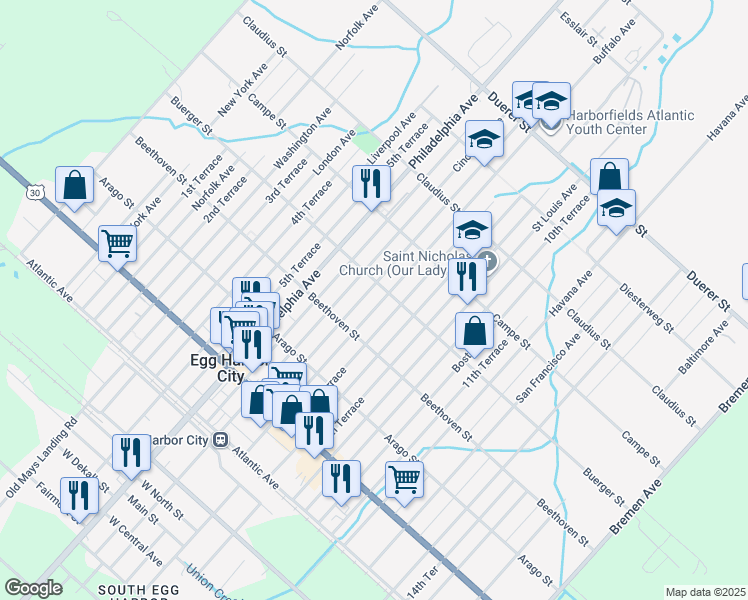 map of restaurants, bars, coffee shops, grocery stores, and more near 349 Buffalo Avenue in Egg Harbor City