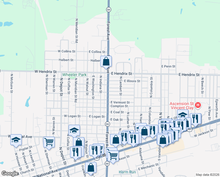 map of restaurants, bars, coffee shops, grocery stores, and more near 321 East Tennessee Street in Brazil