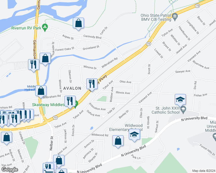 map of restaurants, bars, coffee shops, grocery stores, and more near 3018 Tytus Avenue in Middletown