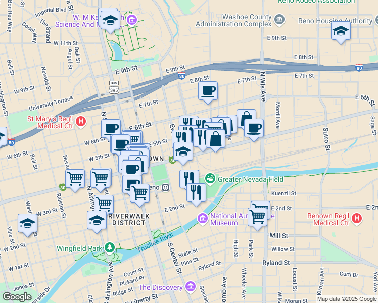 map of restaurants, bars, coffee shops, grocery stores, and more near 325 East 4th Street in Reno