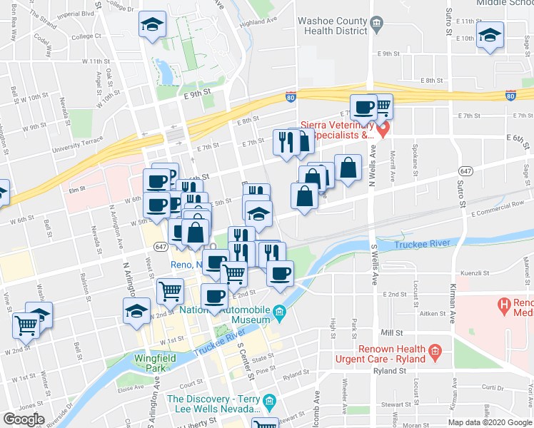 map of restaurants, bars, coffee shops, grocery stores, and more near 325 East 4th Street in Reno