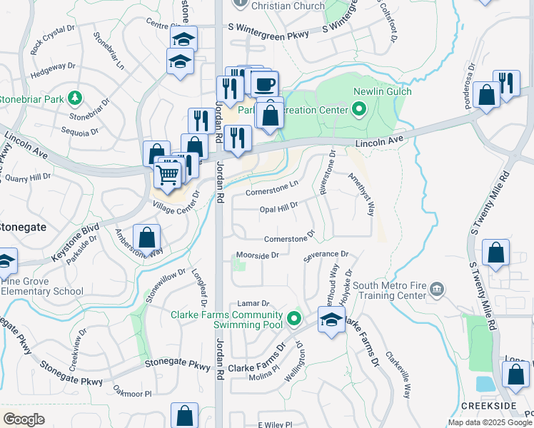 map of restaurants, bars, coffee shops, grocery stores, and more near 17140 Opal Hill Drive in Parker