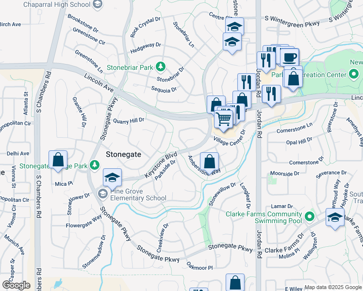 map of restaurants, bars, coffee shops, grocery stores, and more near 16315 Stone Ledge Drive in Parker