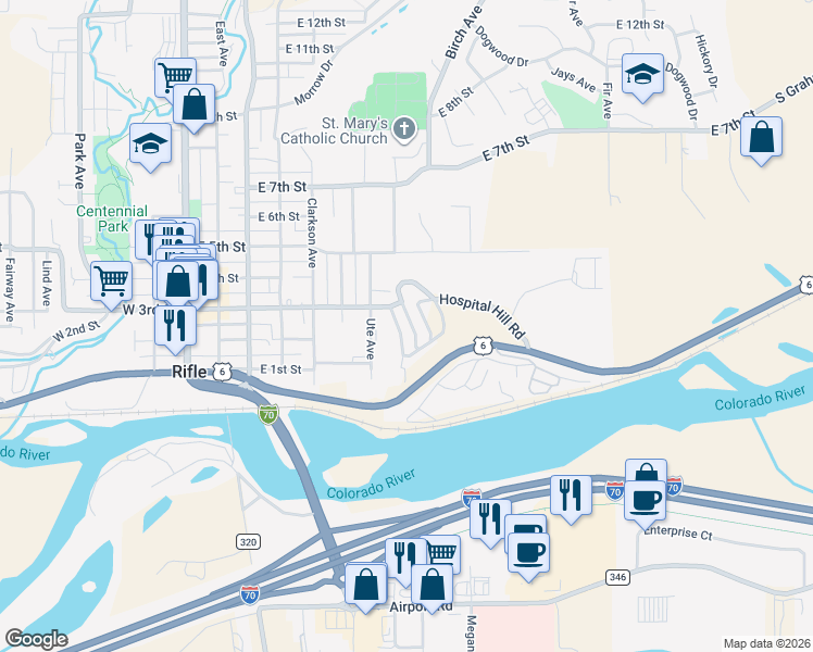 map of restaurants, bars, coffee shops, grocery stores, and more near 207 Ash Avenue in Rifle