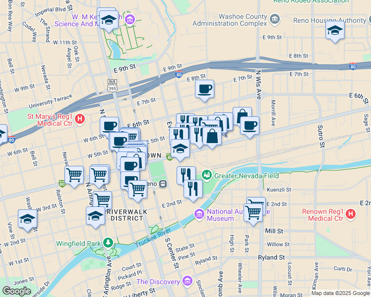 map of restaurants, bars, coffee shops, grocery stores, and more near 325 East 4th Street in Reno