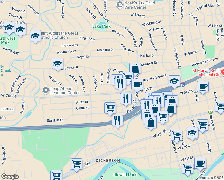 map of restaurants, bars, coffee shops, grocery stores, and more near 1445 West 7th Street in Reno