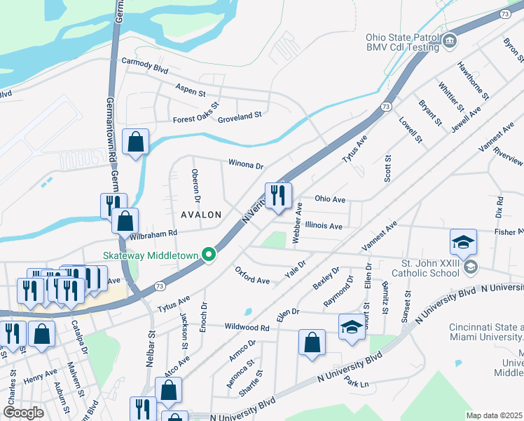 map of restaurants, bars, coffee shops, grocery stores, and more near 2908 North Verity Parkway in Middletown