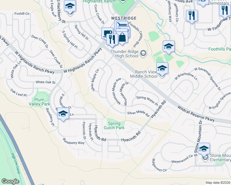 map of restaurants, bars, coffee shops, grocery stores, and more near 2023 Mountain Maple Avenue in Littleton