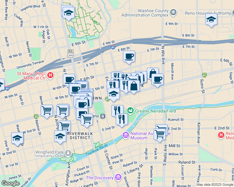 map of restaurants, bars, coffee shops, grocery stores, and more near 325 East 4th Street in Reno